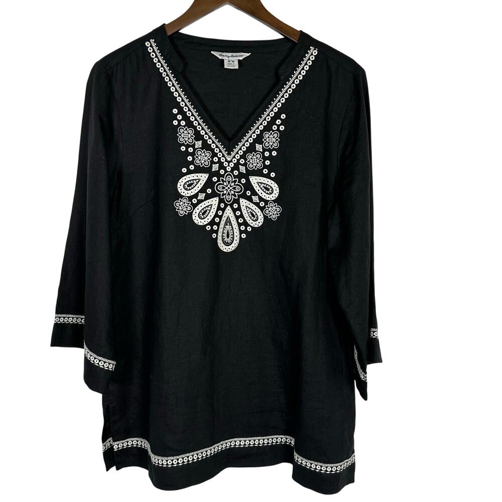 Tommy Bahama Au‎ Natural 3/4 Sleeve Black Linen Tunic M Embroidered Beaded Boho